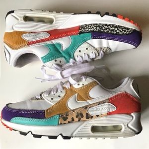 Nike Women’s Air Max 90 Sneaker White Animal Print Red Patchwork Size 6